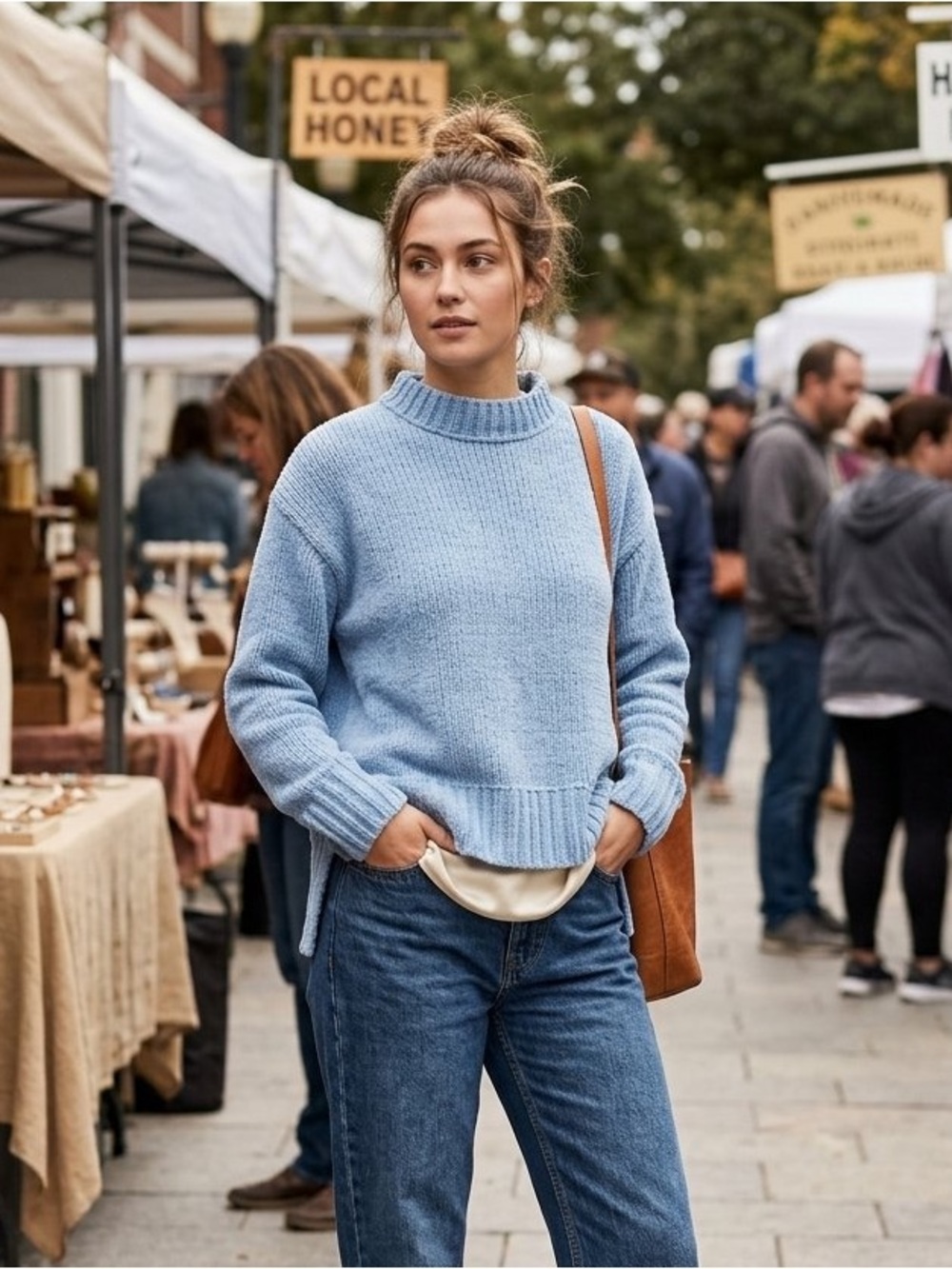 aerie Oversized Light Blue Chenille Cozy Mock Neck Sweater, EUC